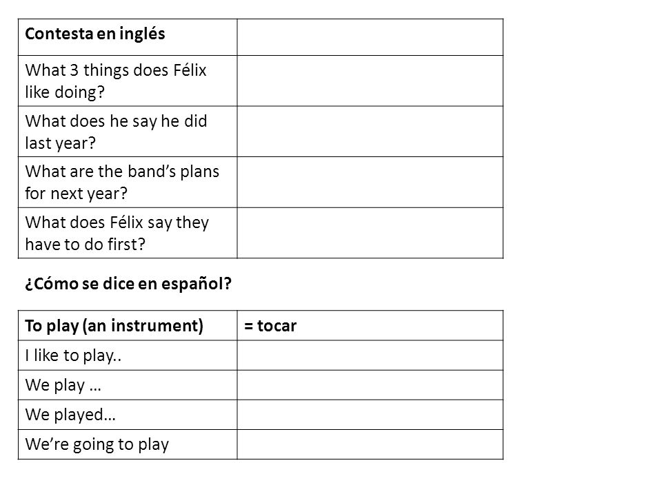 Contesta en inglés What 3 things does Félix like doing What does he say he did last year What are the band’s plans for next year