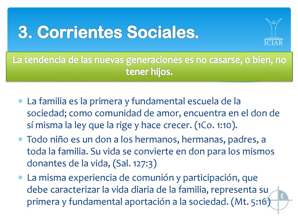 3. Corrientes Sociales. La tendencia de las nuevas generaciones es no casarse, o bien, no tener hijos.