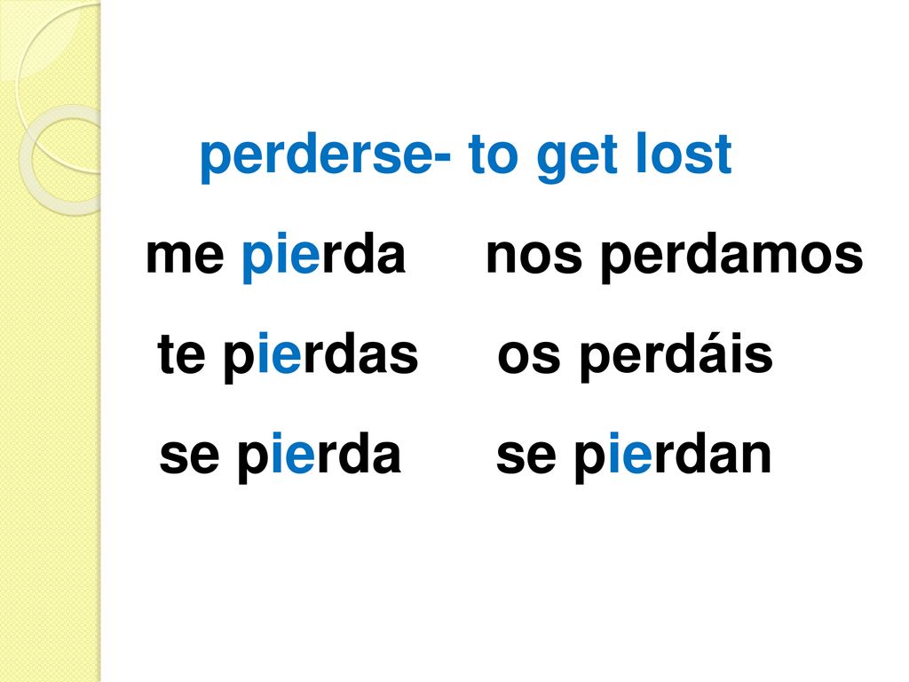 perderse- to get lost me pierda nos perdamos. te pierdas os perdáis.