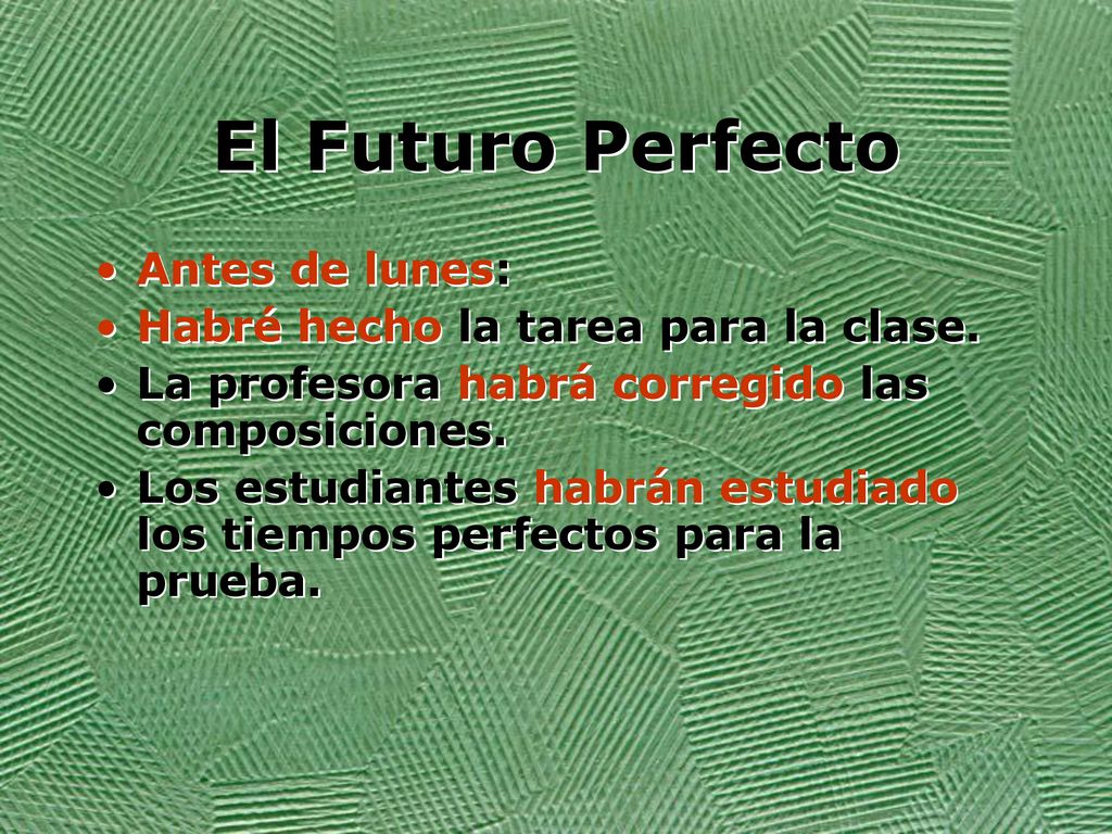 El Futuro Perfecto Antes de lunes: Habré hecho la tarea para la clase.