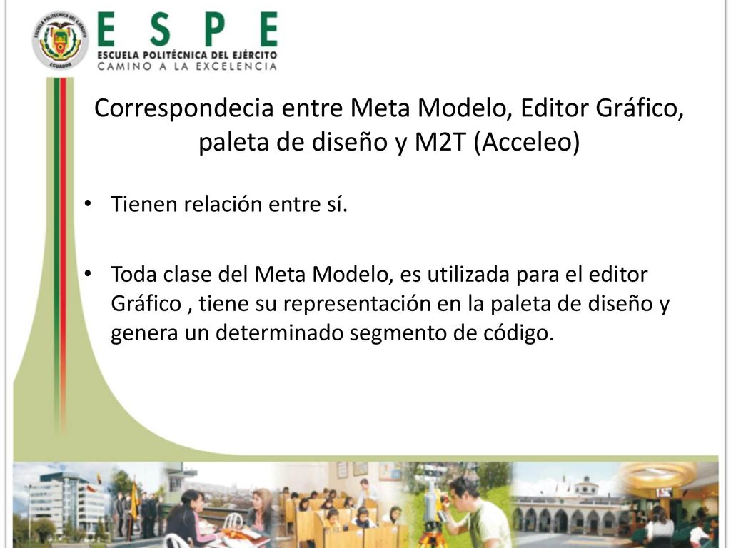 Correspondecia entre Meta Modelo, Editor Gráfico, paleta de diseño y M2T (Acceleo)