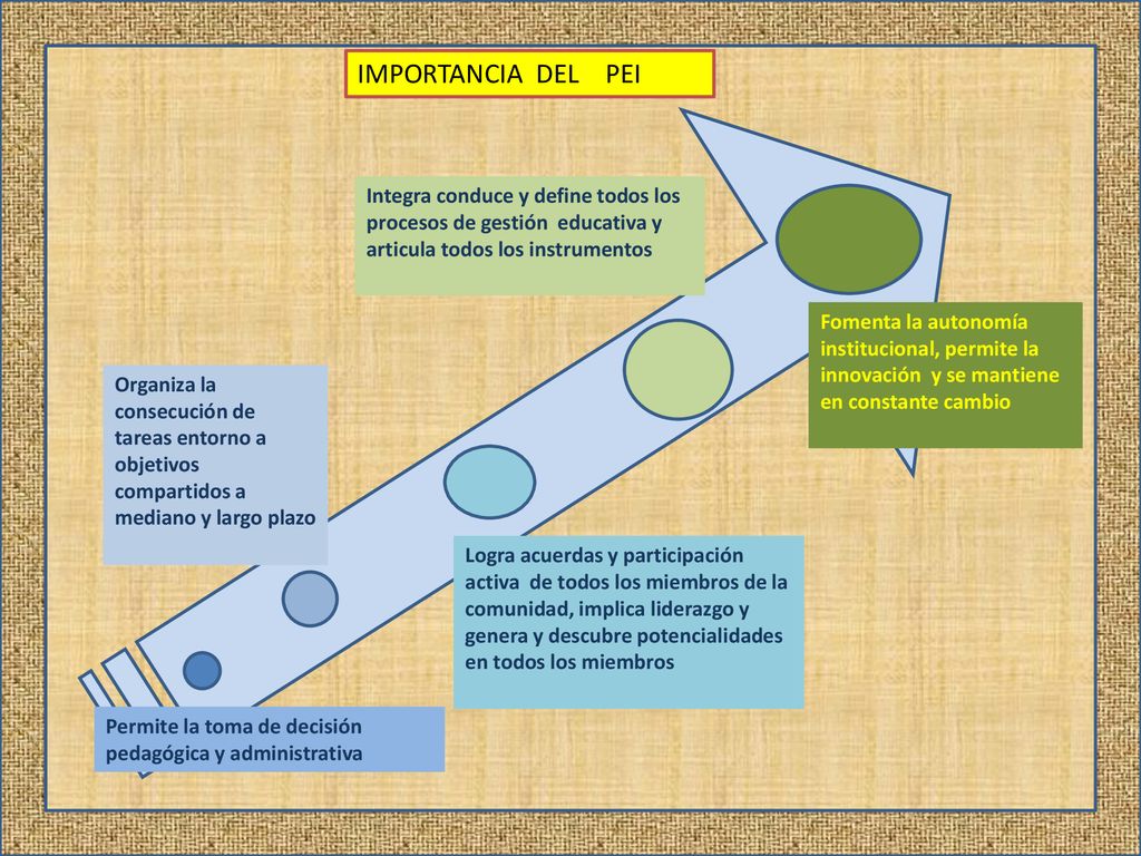 IMPORTANCIA DEL PEI Integra conduce y define todos los procesos de gestión educativa y articula todos los instrumentos.