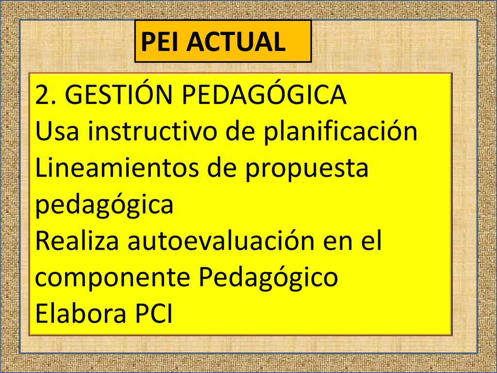 PEI ACTUAL 2. GESTIÓN PEDAGÓGICA. Usa instructivo de planificación. Lineamientos de propuesta pedagógica.