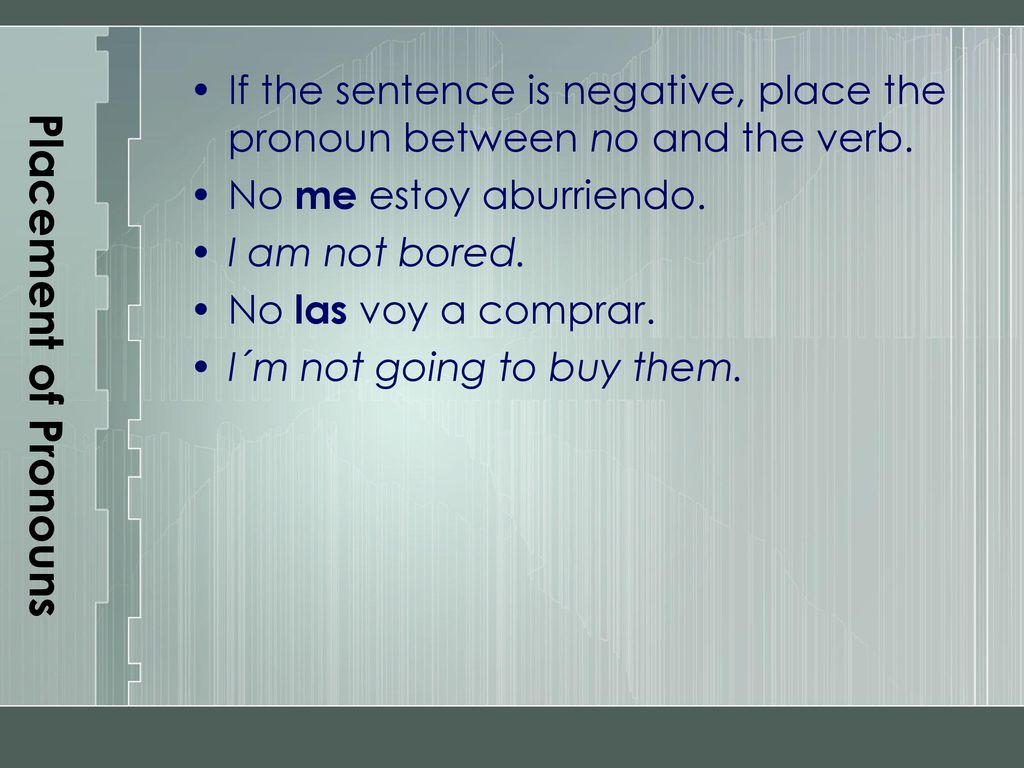 Placement of Pronouns If the sentence is negative, place the pronoun between no and the verb. No me estoy aburriendo.