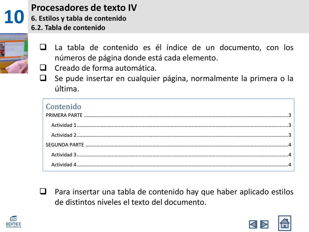 10 Procesadores de texto IV 6. Estilos y tabla de contenido 6.2. Tabla de contenido.