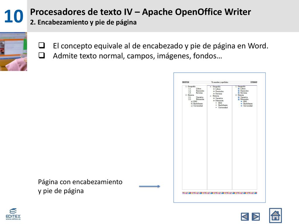 10 Procesadores de texto IV – Apache OpenOffice Writer 2. Encabezamiento y pie de página.