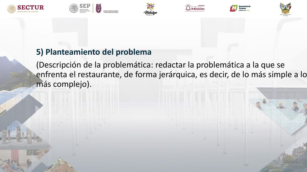 5) Planteamiento del problema (Descripción de la problemática: redactar la problemática a la que se enfrenta el restaurante, de forma jerárquica, es decir, de lo más simple a lo más complejo).