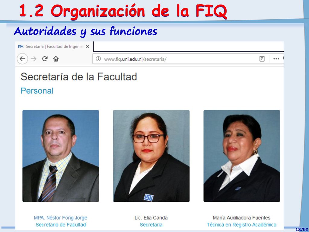 1.2 Organización de la FIQ Autoridades y sus funciones 18