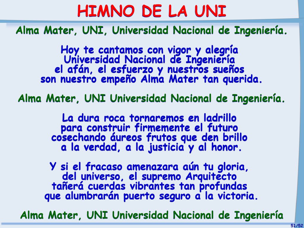 HIMNO DE LA UNI Alma Mater, UNI, Universidad Nacional de Ingeniería.