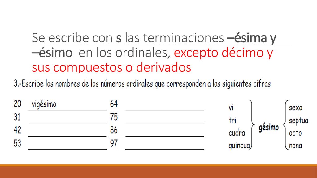 Se escribe con s las terminaciones –ésima y –ésimo en los ordinales, excepto décimo y sus compuestos o derivados