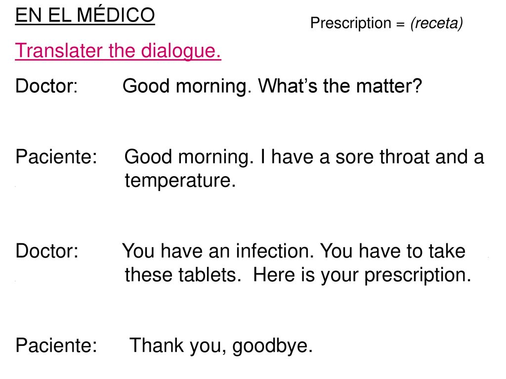 Translater the dialogue. Doctor: Good morning. What’s the matter