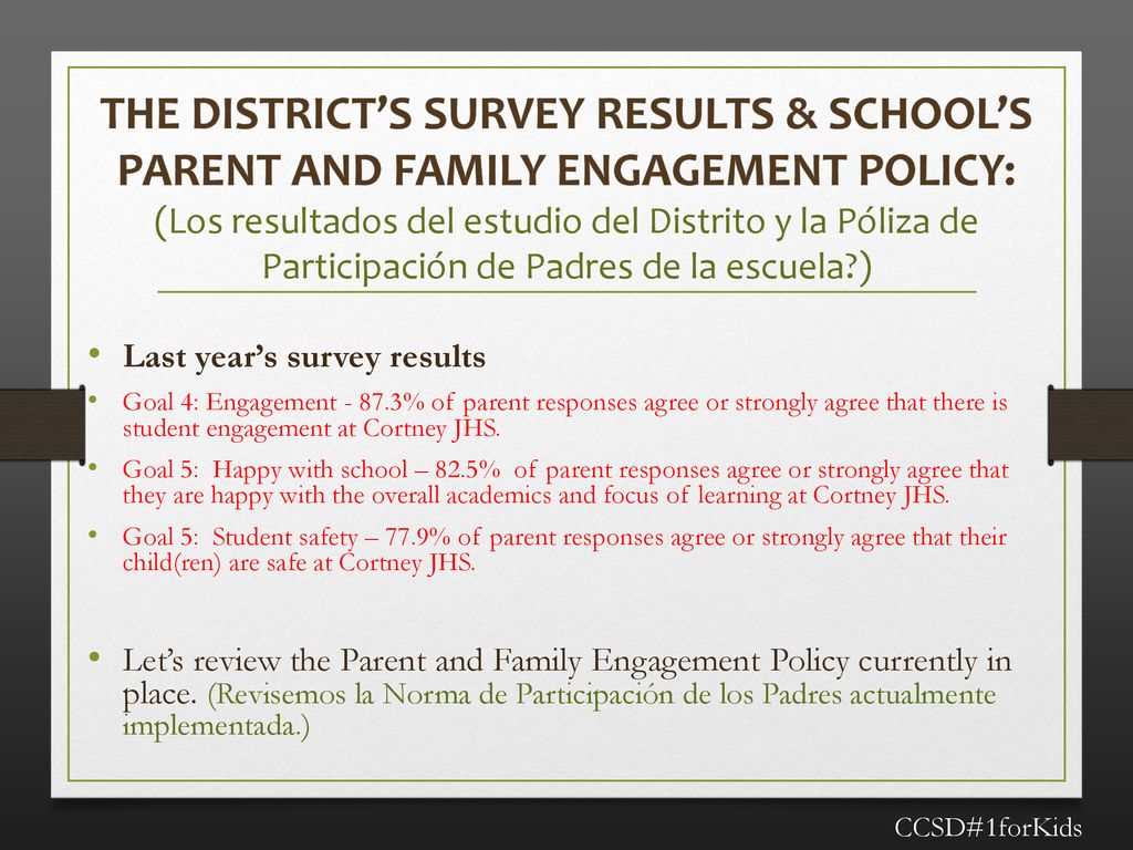 The District’s Survey results & School’s Parent And Family Engagement Policy: (Los resultados del estudio del Distrito y la Póliza de Participación de Padres de la escuela )