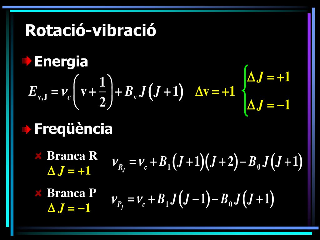 Rotació-vibració Energia Freqüència Branca R  J = +1 Branca P
