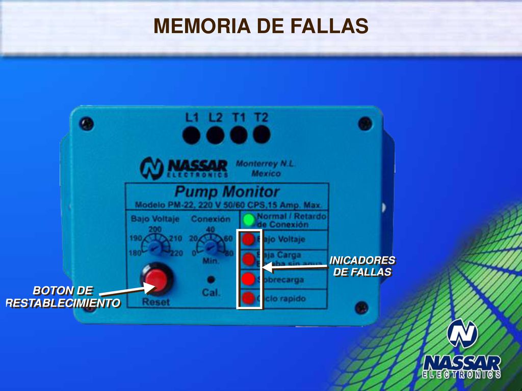 MEMORIA DE FALLAS El Pump-monitor tiene memoria de fallas, despues de ocurrida una falla, el led de la correspondiente falla destella indicando.