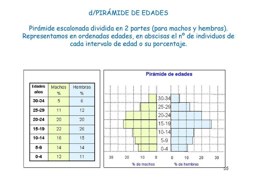 d/PIRÁMIDE DE EDADES Pirámide escalonada dividida en 2 partes (para machos y hembras).