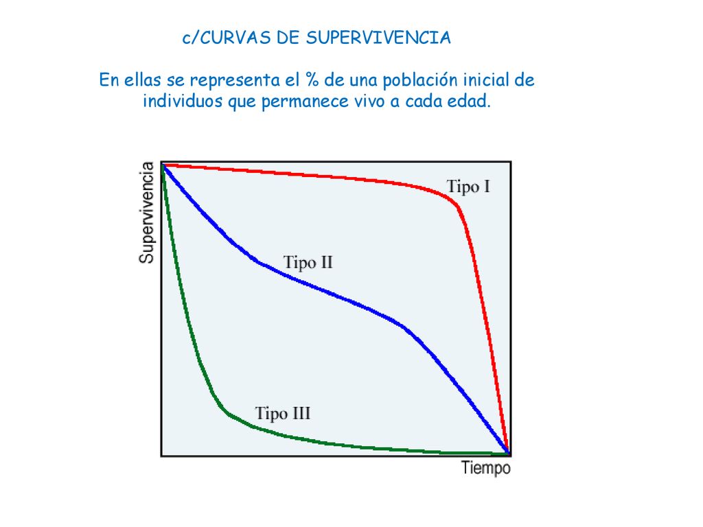 c/CURVAS DE SUPERVIVENCIA En ellas se representa el % de una población inicial de individuos que permanece vivo a cada edad.