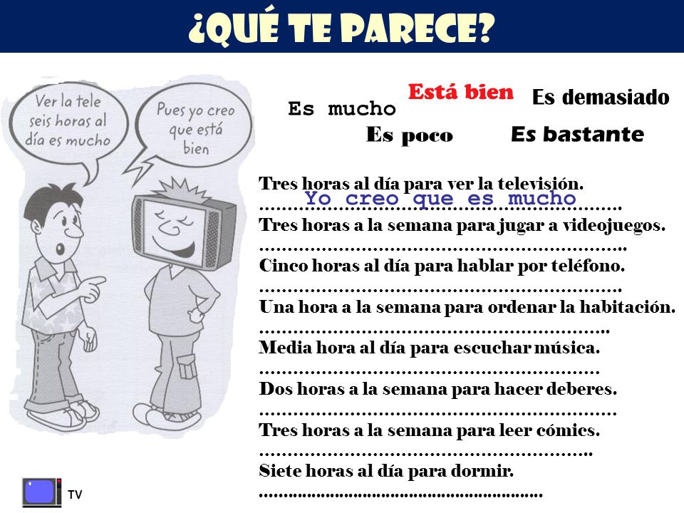 ¿QUÉ TE PARECE Está bien Es demasiado Es mucho Es poco Es bastante