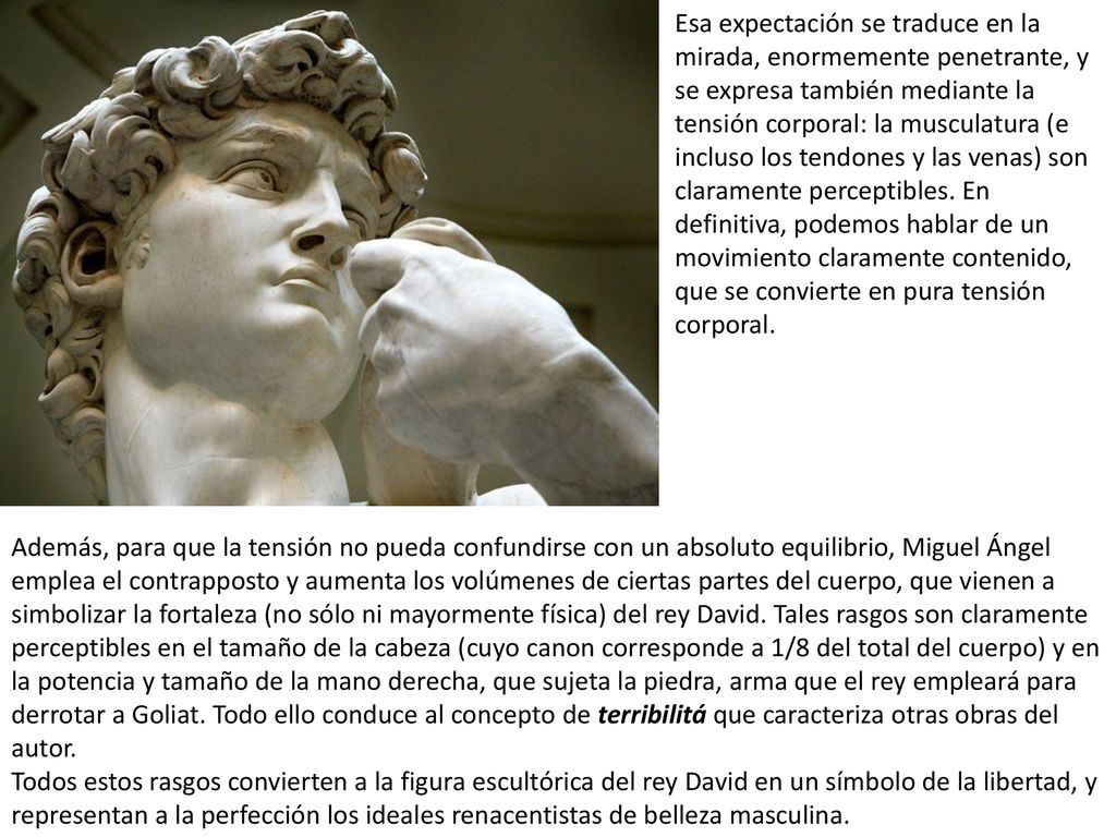 Esa expectación se traduce en la mirada, enormemente penetrante, y se expresa también mediante la tensión corporal: la musculatura (e incluso los tendones y las venas) son claramente perceptibles. En definitiva, podemos hablar de un movimiento claramente contenido, que se convierte en pura tensión corporal.