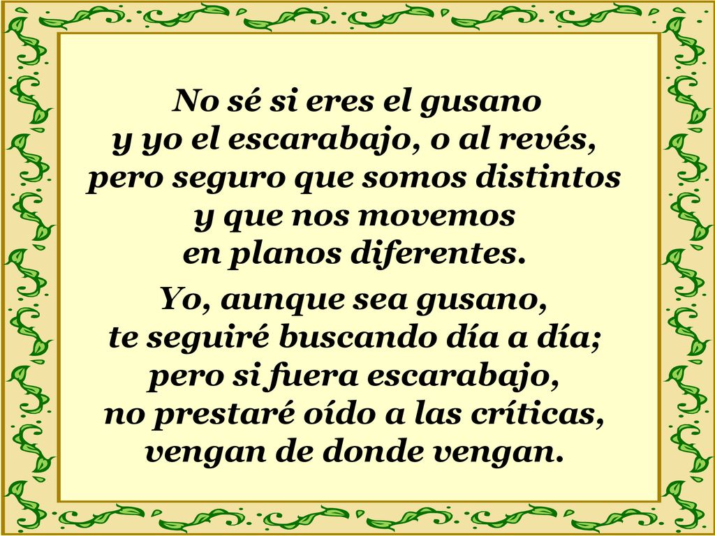 No sé si eres el gusano y yo el escarabajo, o al revés, pero seguro que somos distintos y que nos movemos en planos diferentes.