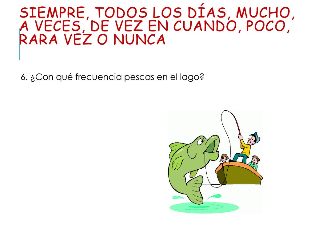 siempre, todos los días, mucho, a veces, de vez en cuando, poco, rara vez o nunca
