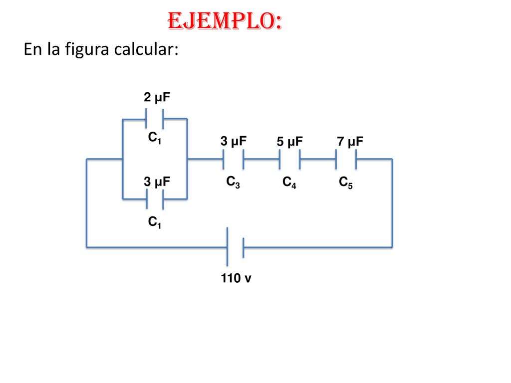 Ejemplo: En la figura calcular: 2 μF 3 μF 5 μF 7 μF C1 C3 C4 C5 110 v