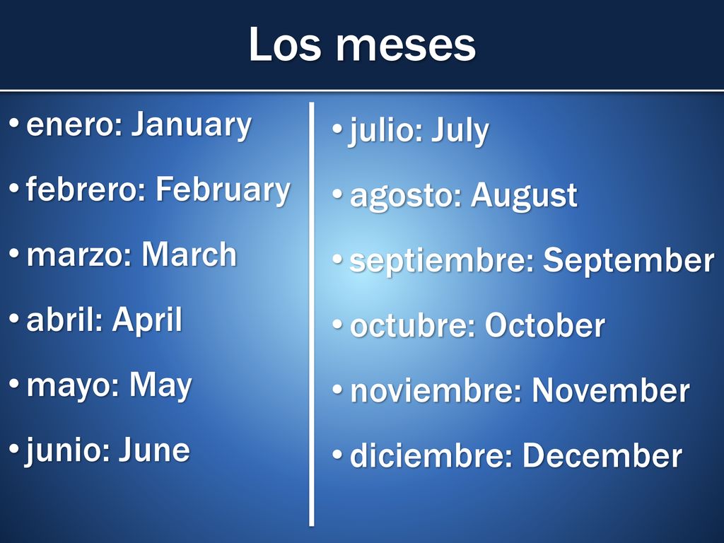 Los meses enero: January julio: July febrero: February agosto: August