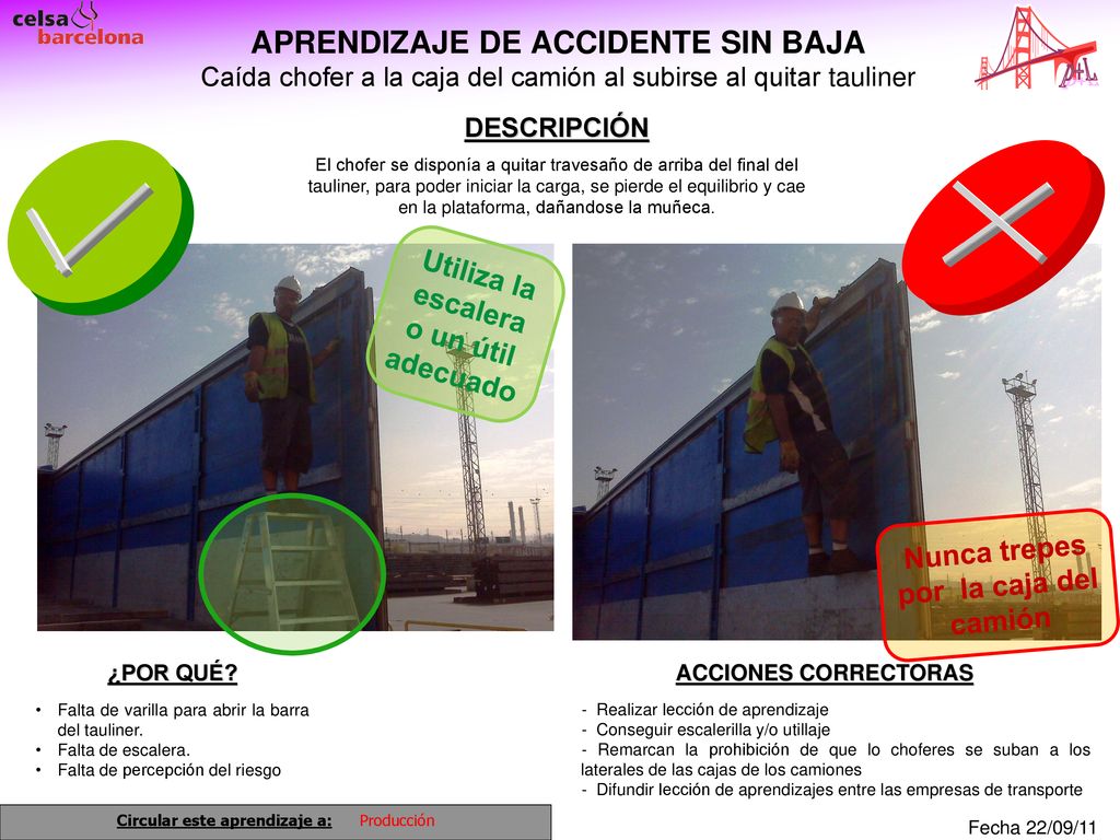APRENDIZAJE DE ACCIDENTE SIN BAJA Caída chofer a la caja del camión al subirse al quitar tauliner