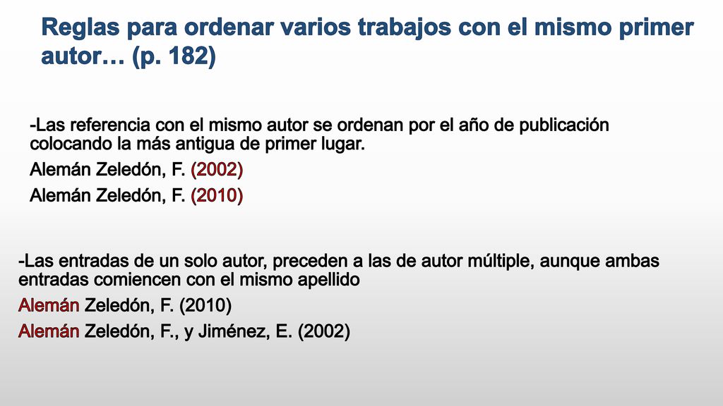 Reglas para ordenar varios trabajos con el mismo primer autor… (p. 182)