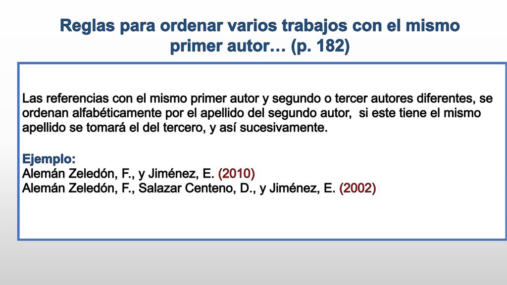 Reglas para ordenar varios trabajos con el mismo primer autor… (p. 182)