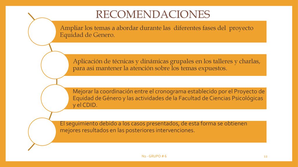 RECOMENDACIONES Ampliar los temas a abordar durante las diferentes fases del proyecto Equidad de Genero.