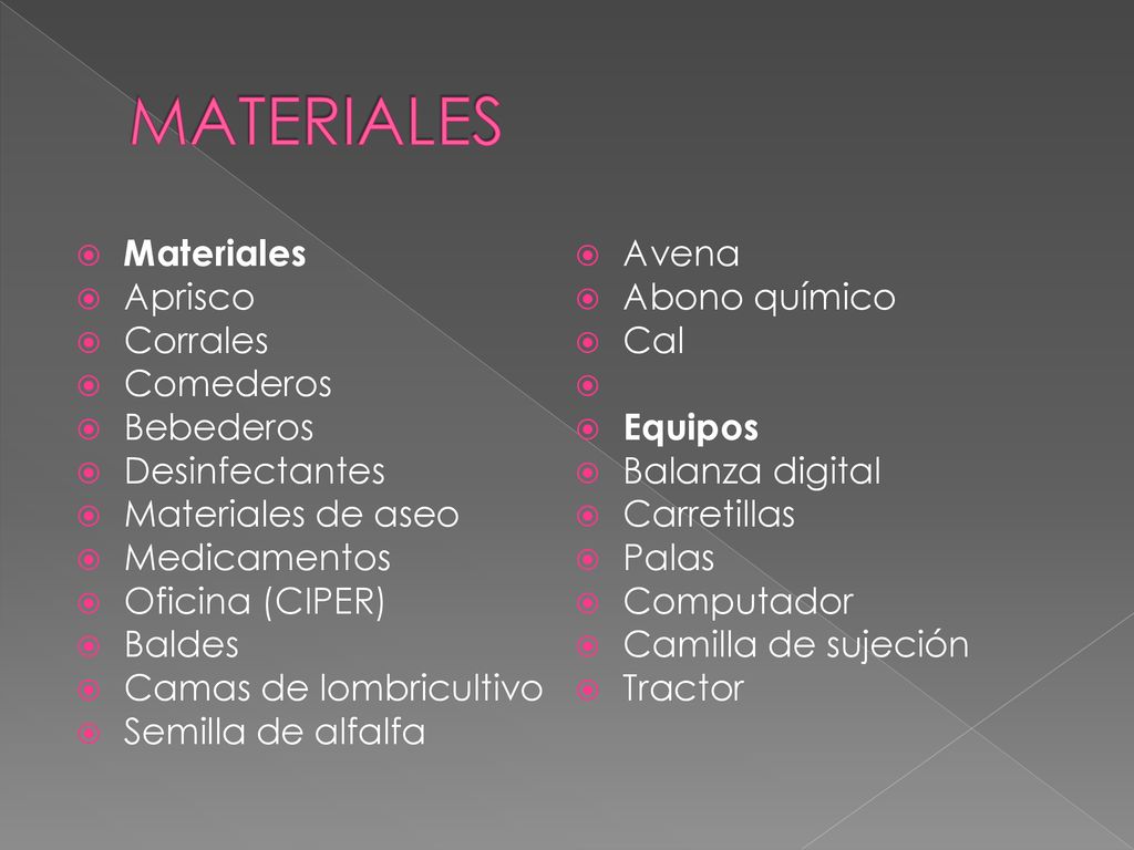 MATERIALES Materiales Avena Aprisco Abono químico Corrales Cal