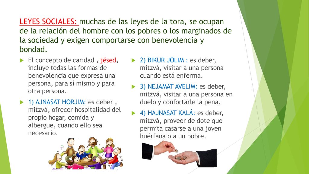 LEYES SOCIALES: muchas de las leyes de la tora, se ocupan de la relación del hombre con los pobres o los marginados de la sociedad y exigen comportarse con benevolencia y bondad.
