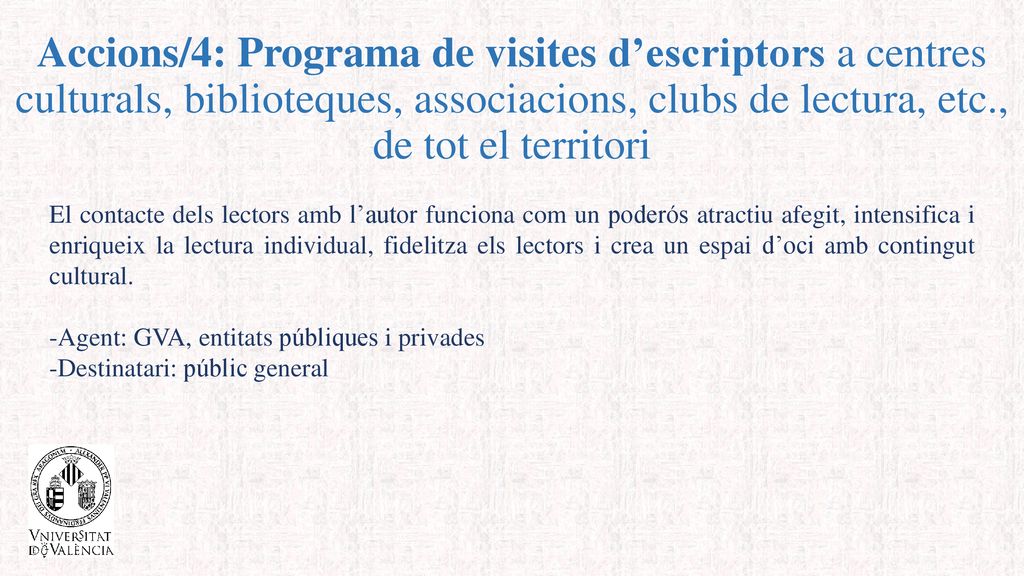 Accions/4: Programa de visites d’escriptors a centres culturals, biblioteques, associacions, clubs de lectura, etc., de tot el territori