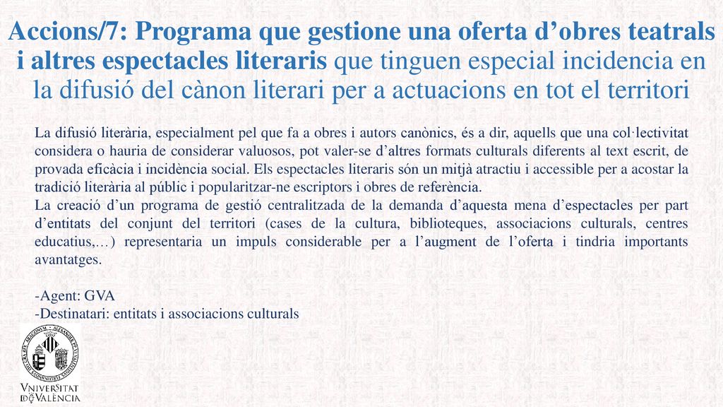 Accions/7: Programa que gestione una oferta d’obres teatrals i altres espectacles literaris que tinguen especial incidencia en la difusió del cànon literari per a actuacions en tot el territori