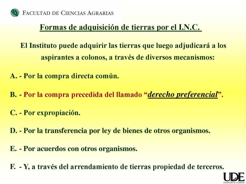Formas de adquisición de tierras por el I.N.C.