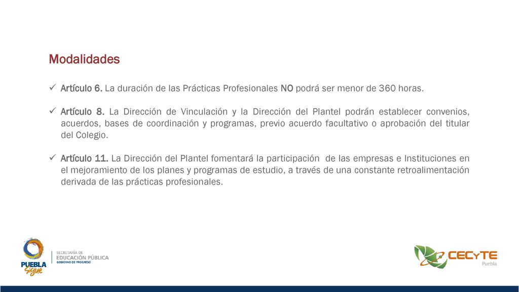 Modalidades Artículo 6. La duración de las Prácticas Profesionales NO podrá ser menor de 360 horas.