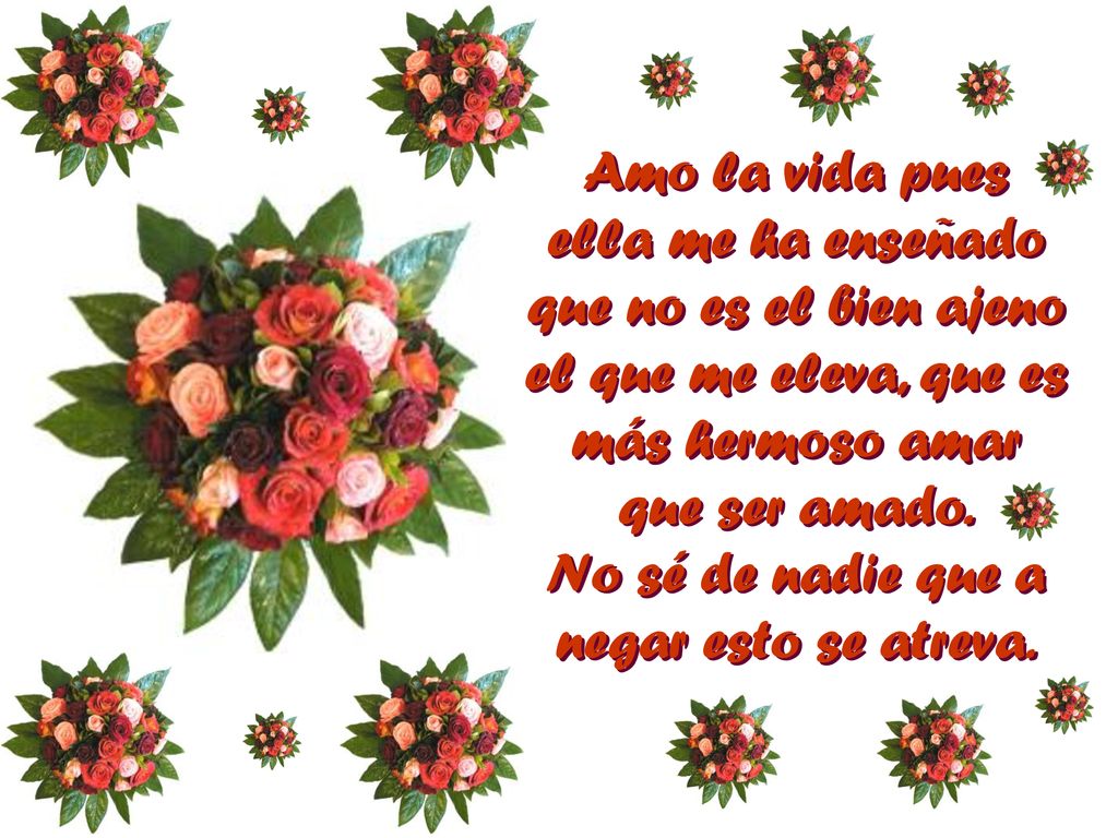 Amo la vida pues ella me ha enseñado que no es el bien ajeno el que me eleva, que es más hermoso amar que ser amado.