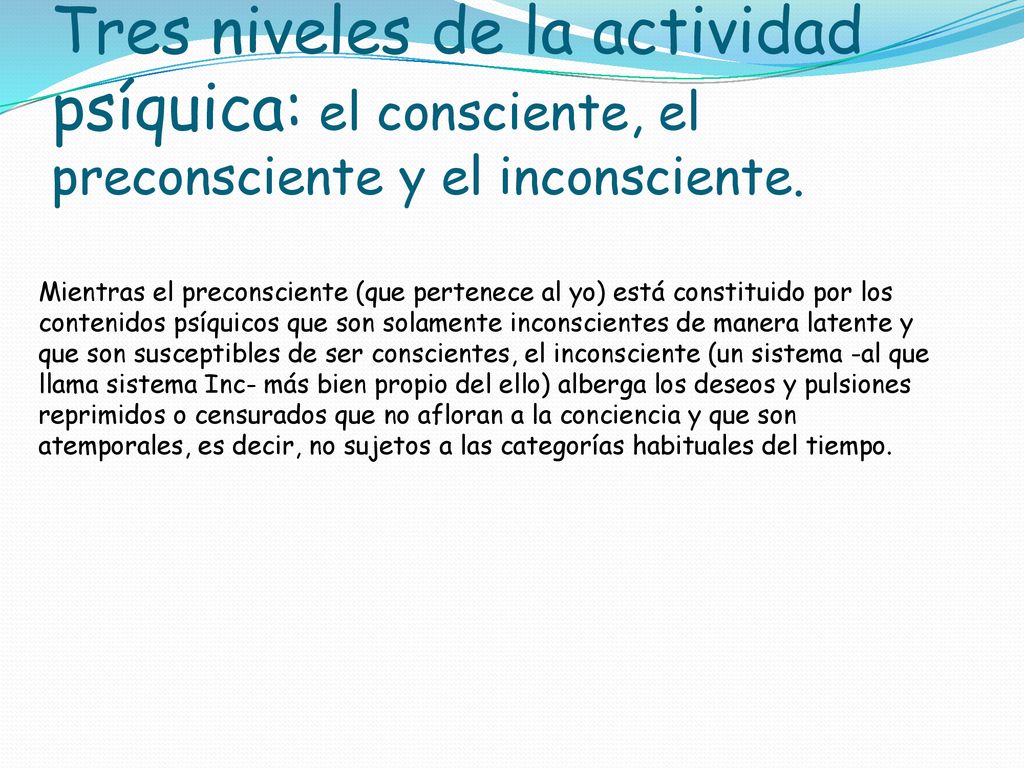 Tres niveles de la actividad psíquica: el consciente, el preconsciente y el inconsciente.