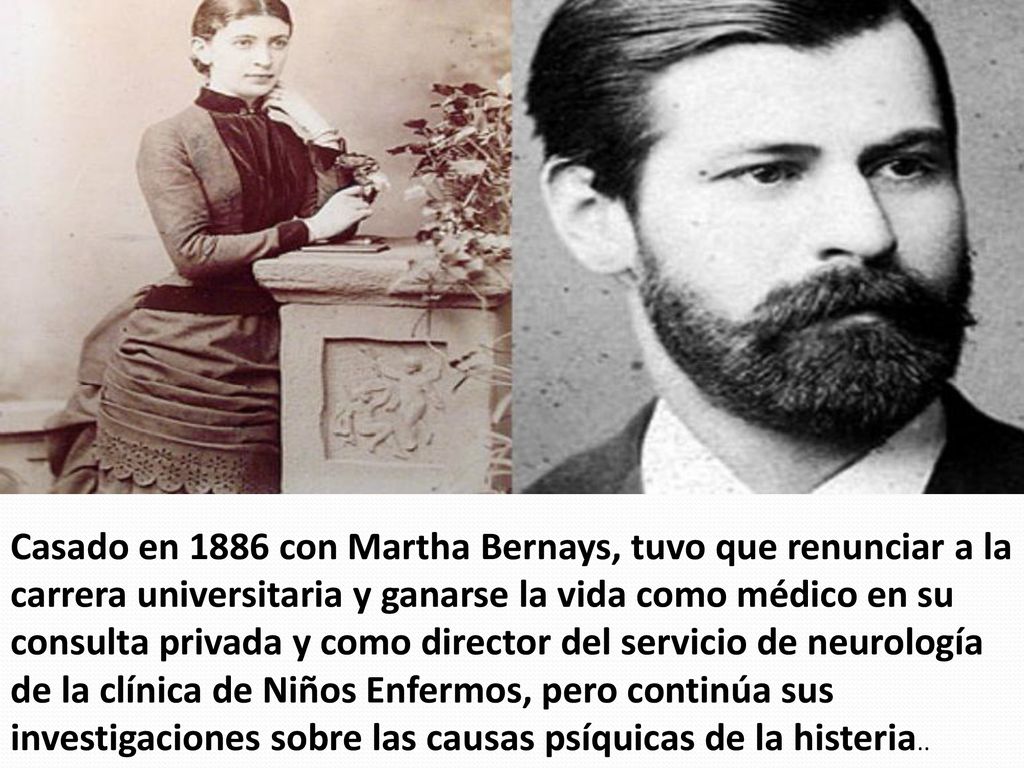Casado en 1886 con Martha Bernays, tuvo que renunciar a la carrera universitaria y ganarse la vida como médico en su consulta privada y como director del servicio de neurología de la clínica de Niños Enfermos, pero continúa sus investigaciones sobre las causas psíquicas de la histeria..