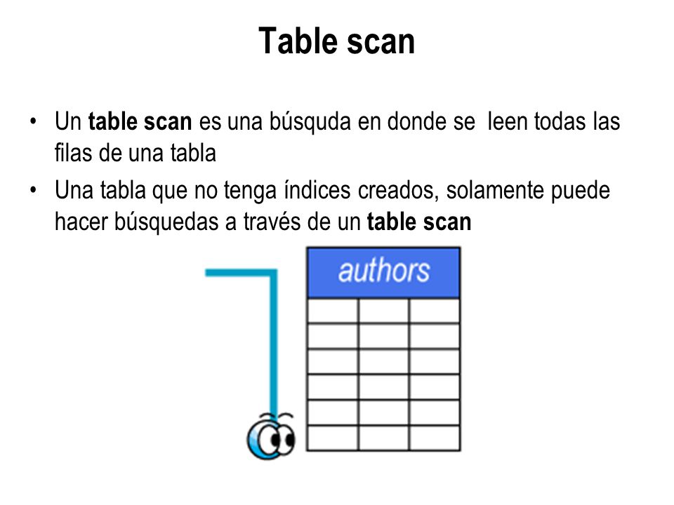 Table scan Un table scan es una búsquda en donde se leen todas las filas de una tabla.