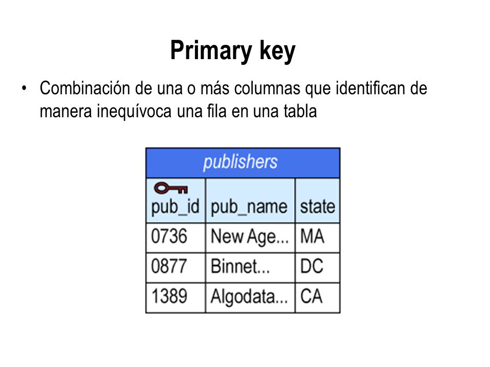 Primary key Combinación de una o más columnas que identifican de manera inequívoca una fila en una tabla.