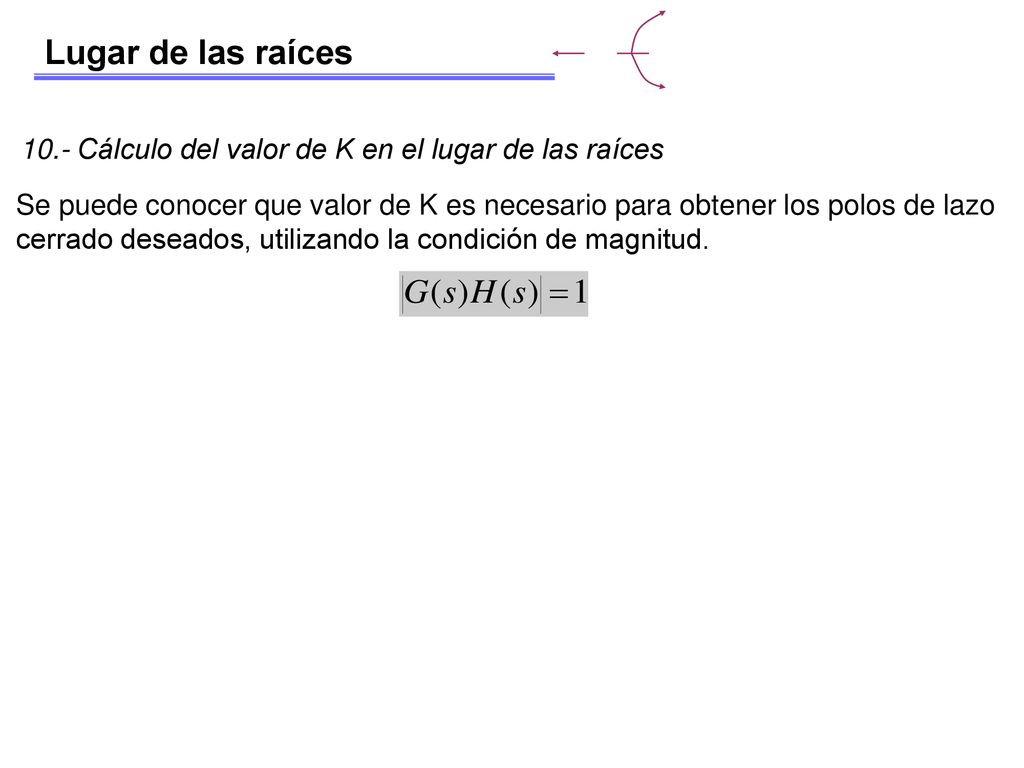 Lugar de las raíces 10.- Cálculo del valor de K en el lugar de las raíces.