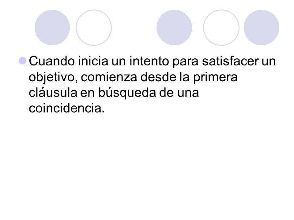 Cuando inicia un intento para satisfacer un objetivo, comienza desde la primera cláusula en búsqueda de una coincidencia.