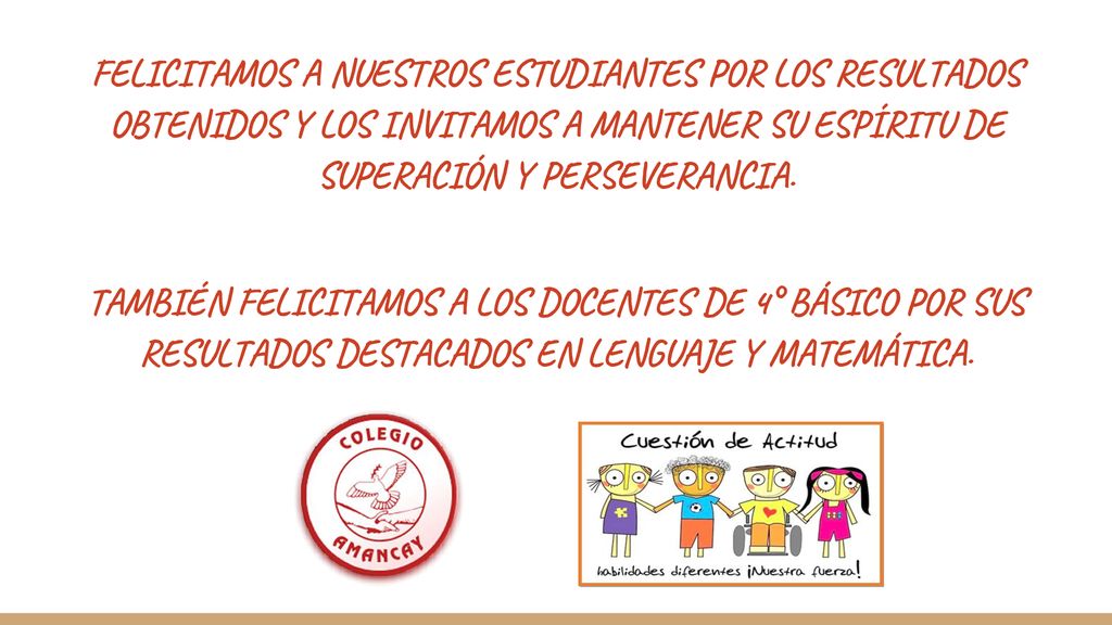 FELICITAMOS A NUESTROS ESTUDIANTES POR LOS RESULTADOS OBTENIDOS Y LOS INVITAMOS A MANTENER SU ESPÍRITU DE SUPERACIÓN Y PERSEVERANCIA.