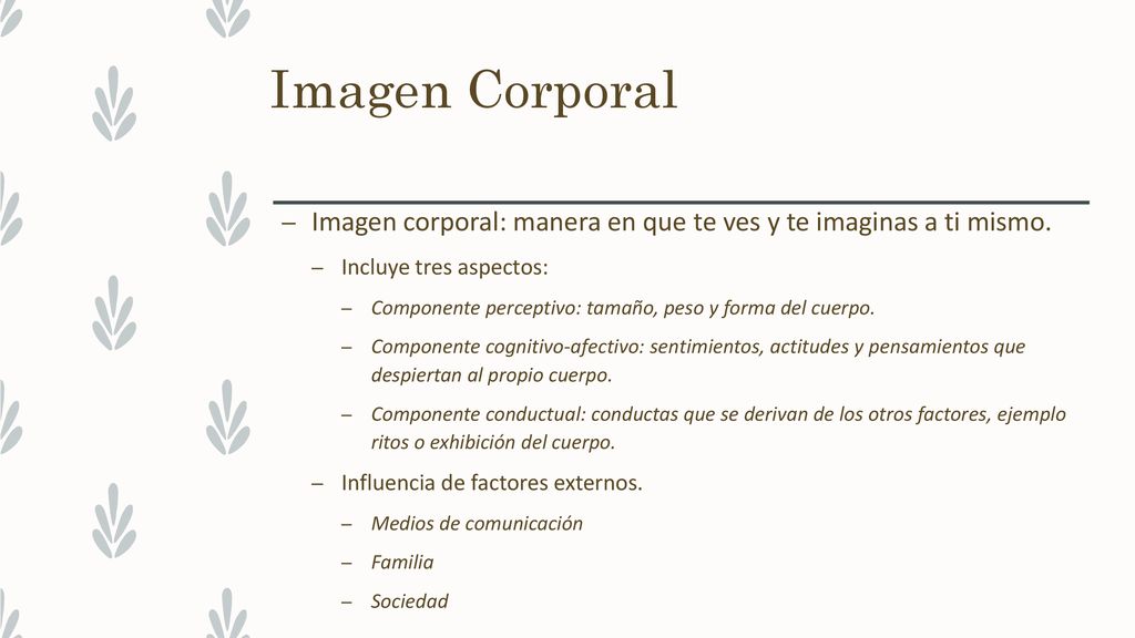 Imagen Corporal Imagen corporal: manera en que te ves y te imaginas a ti mismo. Incluye tres aspectos: