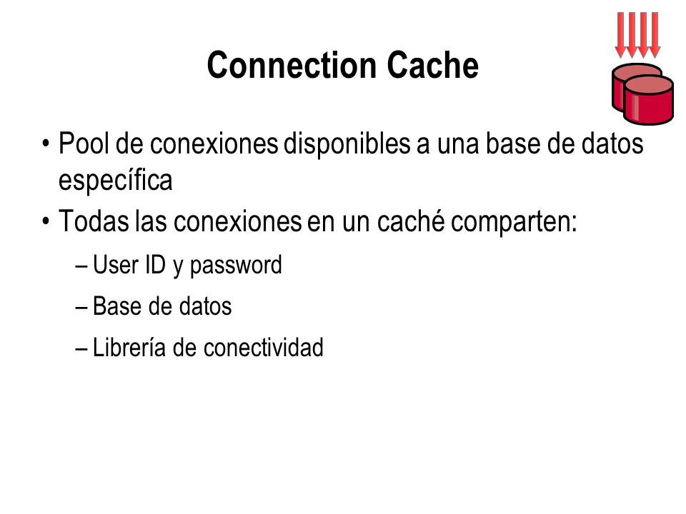 Connection Cache Pool de conexiones disponibles a una base de datos específica. Todas las conexiones en un caché comparten:
