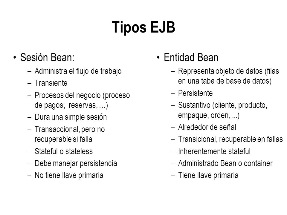 Tipos EJB Sesión Bean: Entidad Bean Administra el flujo de trabajo