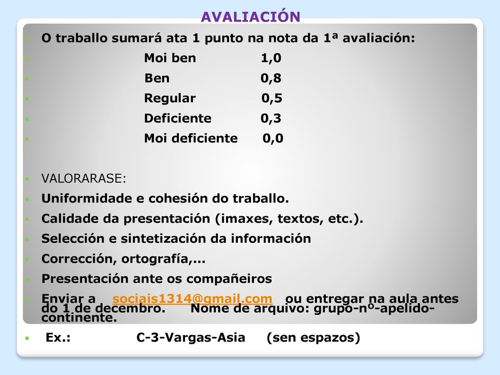 AVALIACIÓN O traballo sumará ata 1 punto na nota da 1ª avaliación: