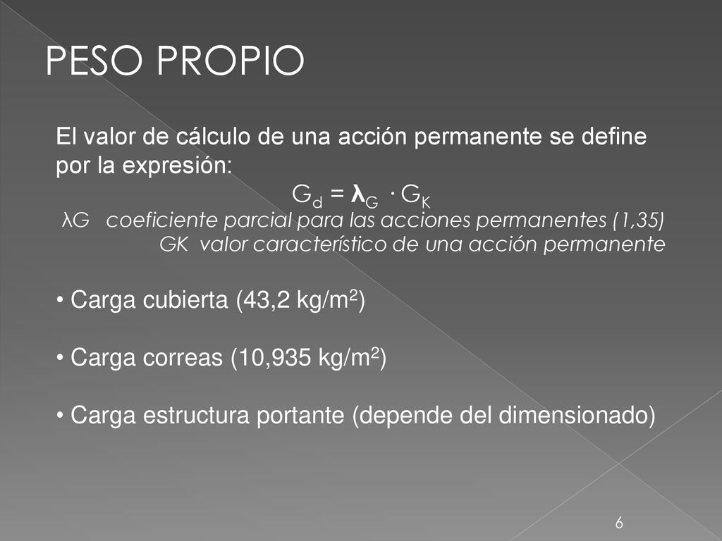 PESO PROPIO El valor de cálculo de una acción permanente se define por la expresión: Gd = λG · GK.