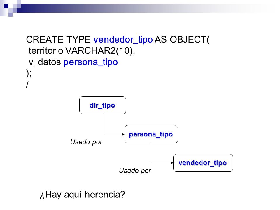 CREATE TYPE vendedor_tipo AS OBJECT( territorio VARCHAR2(10),